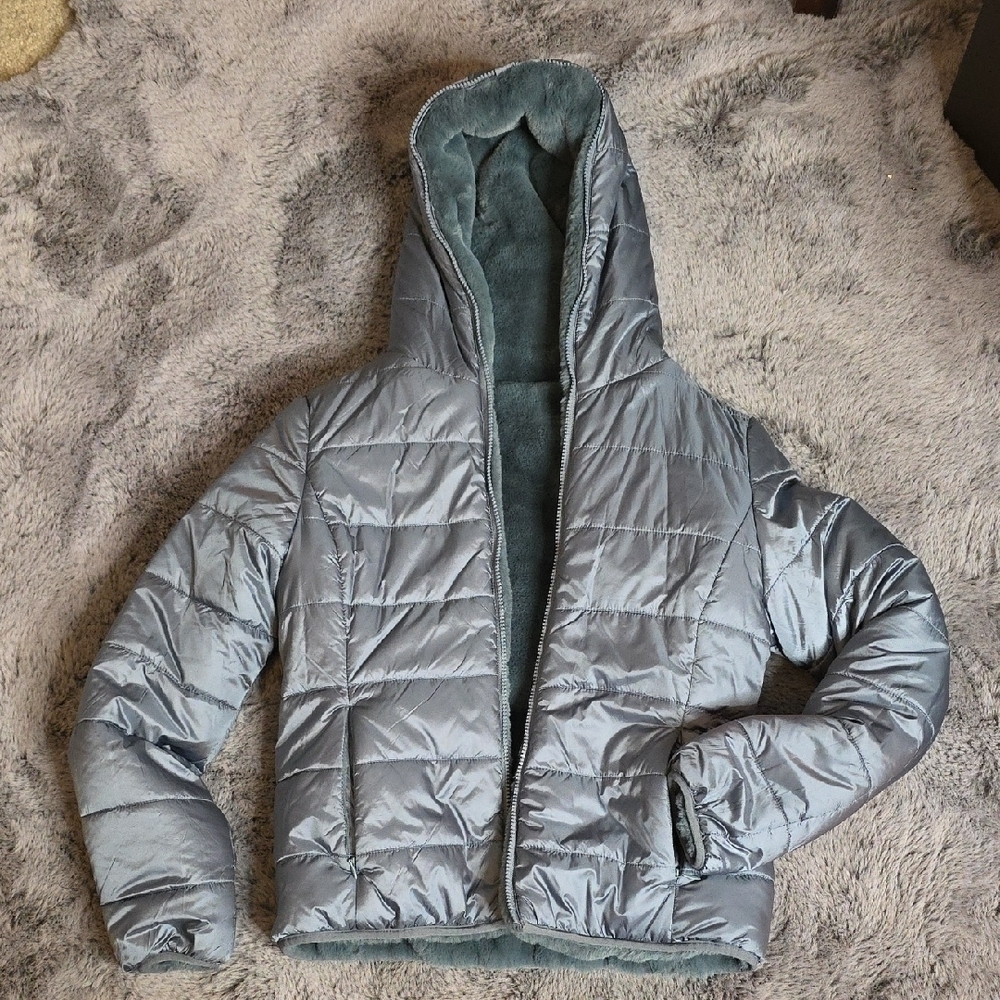 SAVE THE DUCK reversible Faux Fur Puffer Jacket hood- Grayish blue Laila - Picture 4 of 15